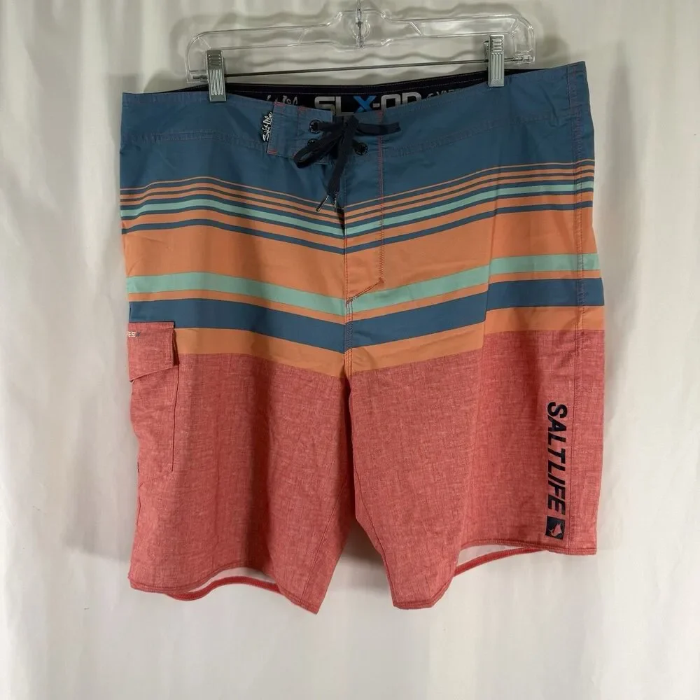 Salt Life SLX-QD Swim Trunks Men's 36 Blue Red Striped Drawstring 9